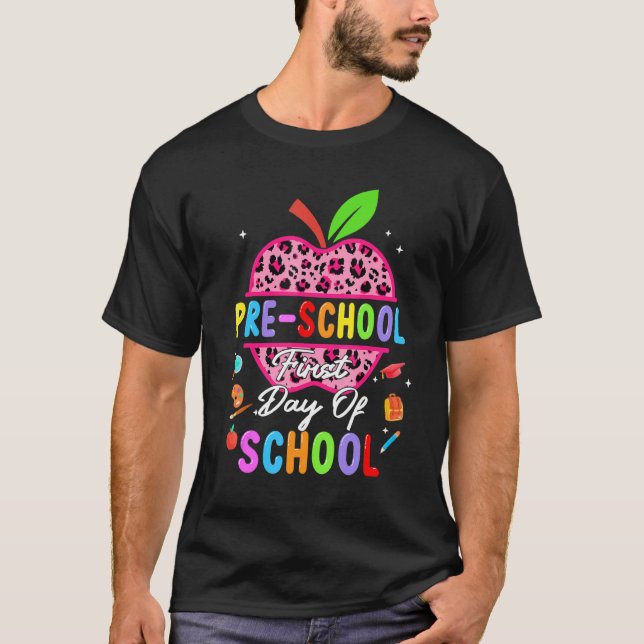 Första dagen leopard Preschool Back School Tea T Shirt (Framsida)