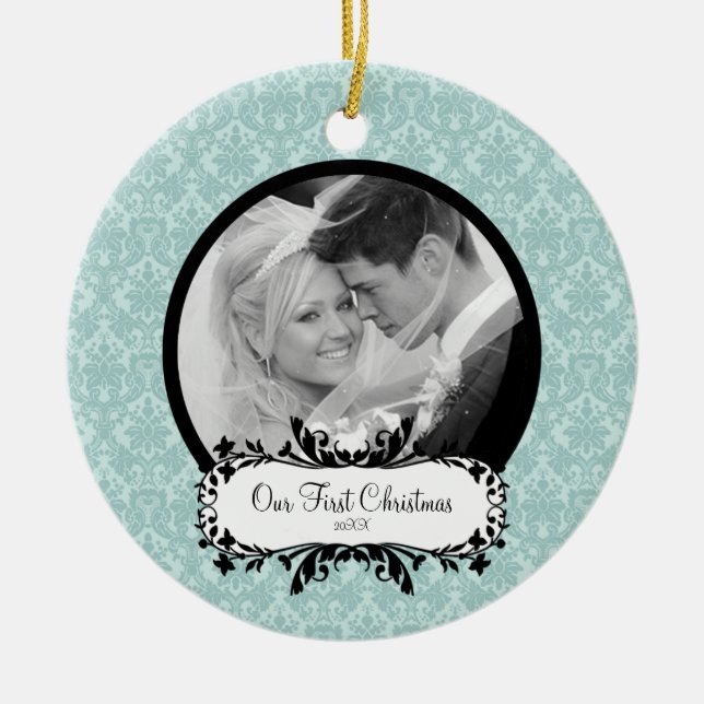 Första damast för blått för julfotoprydnad julgransprydnad keramik (Framsidan)