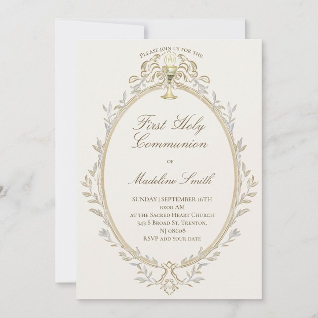 Första eleganten beige ram inbjudningar (Framsida)