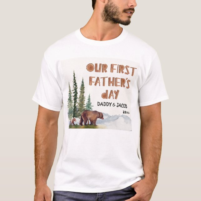 Första Fars dag Bear Personlig Woodland T Shirt (Framsida)