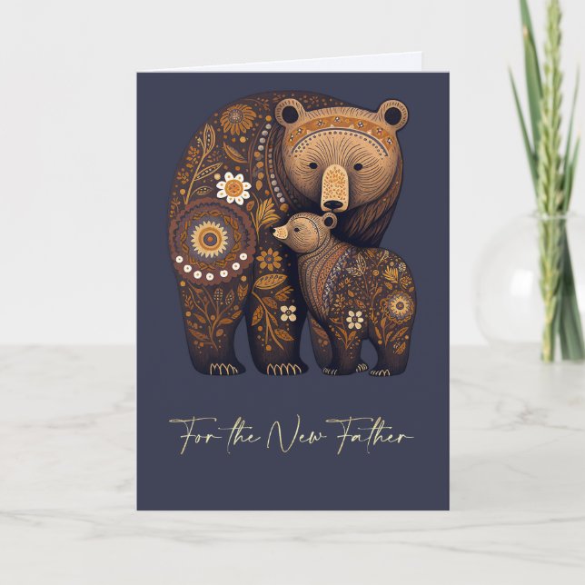 Första Fars dag Cute Bears Folk Art Kort (Framsida)