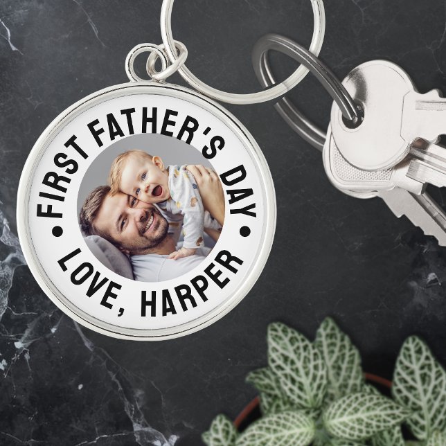 Första Fars Dag Foto Rund Silverfärgad Nyckelring (First Father's Day Photo Keychain)