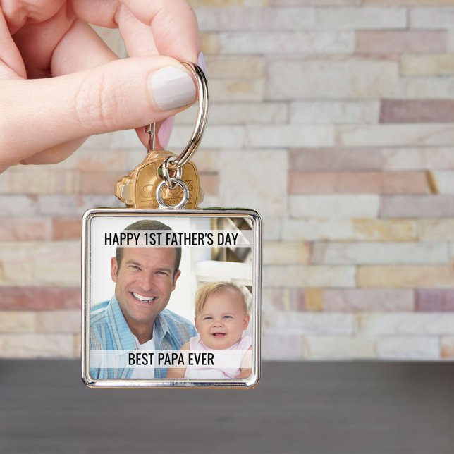 Första Fars dag-fotopatentkedjan bästa Pappa någon Fyrkantig Silverfärgad Nyckelring (Skapare uppladdad)