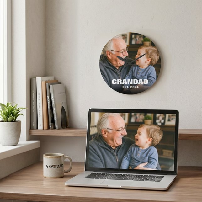 Första fars dag Ny farfar Foto Stor Klocka (First Fathers Day New Grandfather Photo Large Clock)