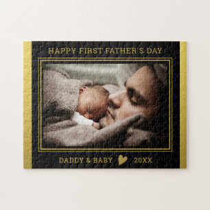 Första Fars dag Pappa och Baby Photo Black Guld Pussel