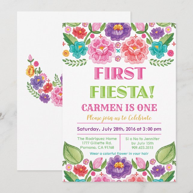 Första Fiesta Blommig Födelsedagsinbjudan Inbjudningar (Fram/baksida)