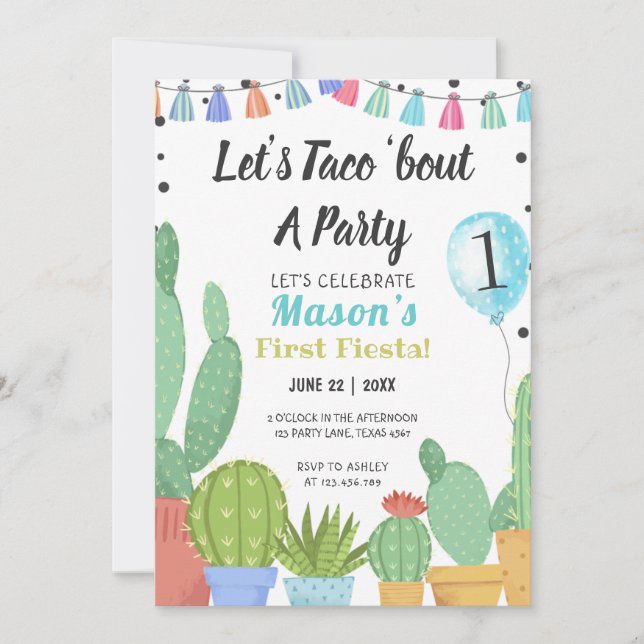 Första fiesta Boy Taco Bout A Party Cactus Birthda Inbjudningar (Framsida)