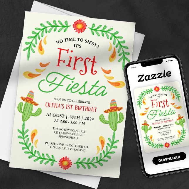 Första Fiesta - Cute Cactus Girl 1:a födelsedagen Inbjudningar (Skapare uppladdad)