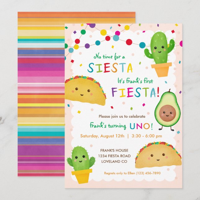 Första fiesta-födelsedag - ingen tid för siesta inbjudningar (Fram/baksida)
