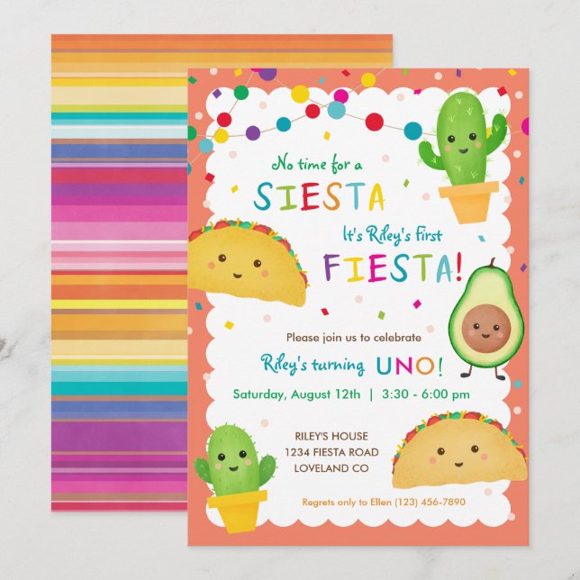 Första fiesta födelsedagsfest inbjudan med taco (Fram/baksida)