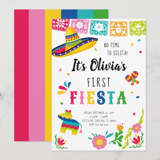 Första Fiesta, ingen tid till siesta-födelsedagen Inbjudningar (Fram/baksida)