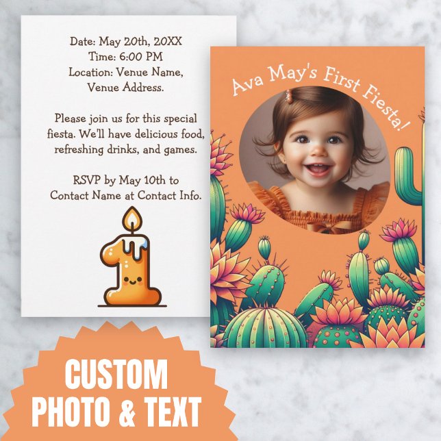 Första Fiesta Kactus Födelsedags Anpassad Foto Inbjudningar (First Fiesta Cactus Birthday Custom Photo Invitation)
