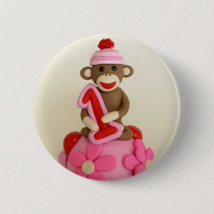 Första firande för födelsedagflickasock monkey knapp