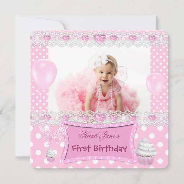 Första födelsedag 1:a flicka rosa baby prickar inbjudningar (Framsida)