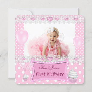 Första födelsedag 1:a flicka rosa baby prickar inbjudningar