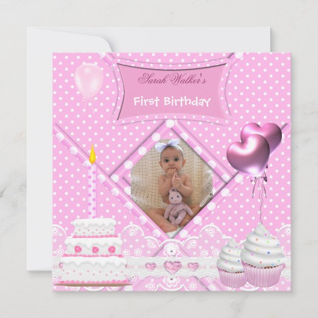 Första födelsedag 1:a Flickas Rosa Cupcake-kaka Inbjudningar (Framsida)