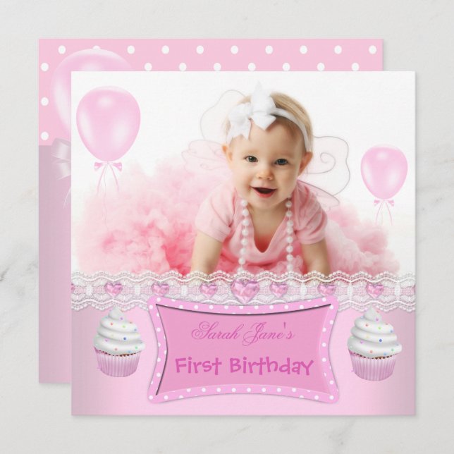 Första födelsedag 1:a Rosan i Muffinsen Baby 2 Inbjudningar (Fram/baksida)