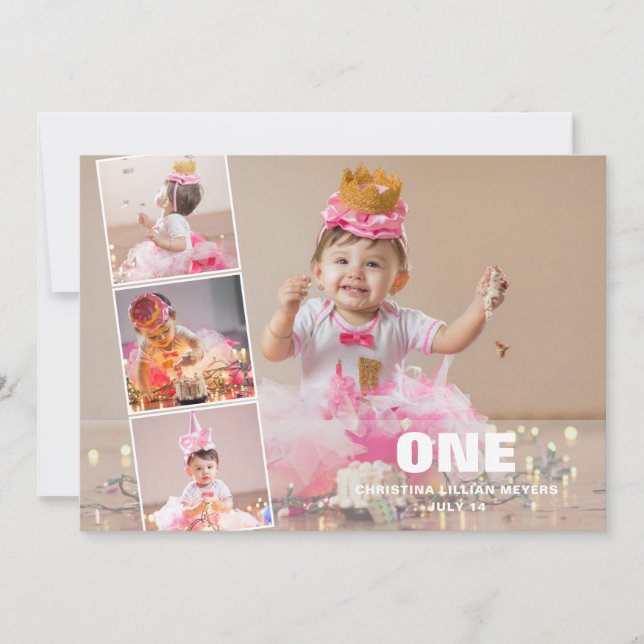 Första födelsedag 4 Fotokollage Födelsemeddelande Julkort (Framsida)