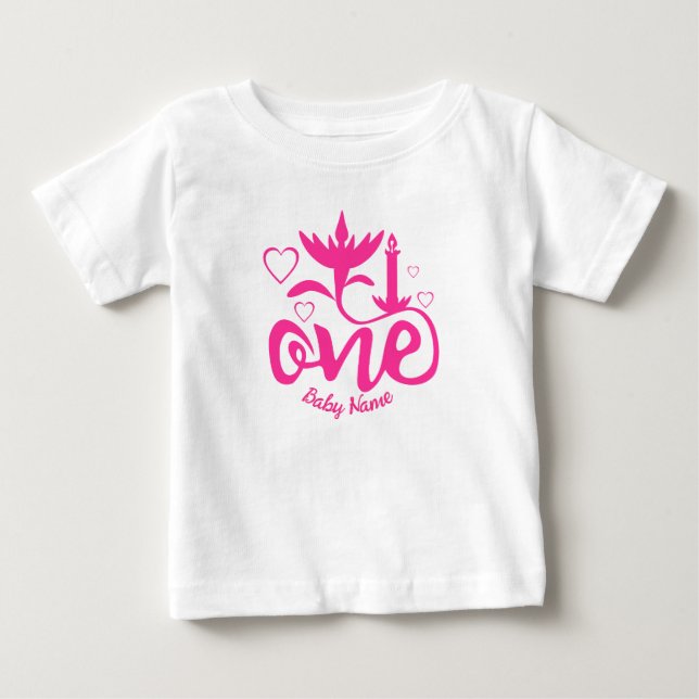 Första födelsedag Baby rosa Custum namn T Shirt (Framsida)
