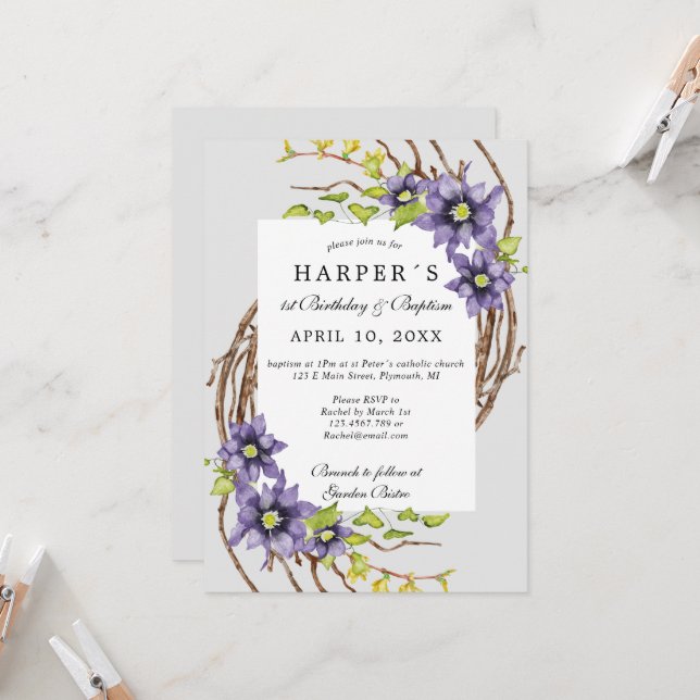 Första födelsedag Baptism vår blommor och obarmbys Inbjudningar (Fram/Back In Situ)
