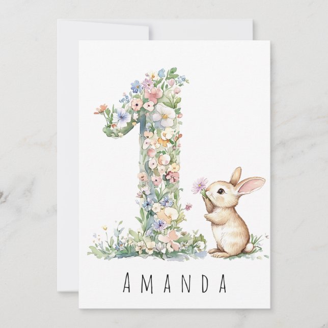 Första födelsedag-Blommigt-Bunny-kort Inbjudningar (Framsida)