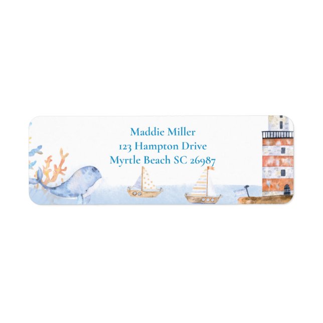Första födelsedag Boys Nautical Blue Lighthouse Returadress Etikett (Framsidan)