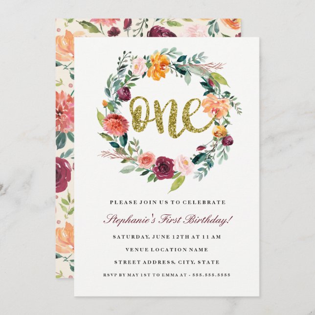 Första födelsedag Burgundy Guld Blommigt Utandning Inbjudningar (Fram/baksida)