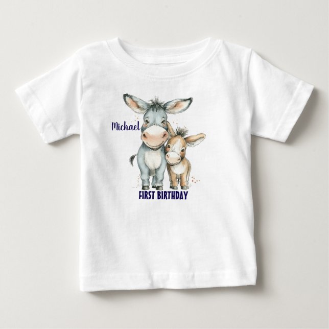 Första födelsedag Cute Donkey Personalize T Shirt (Framsida)