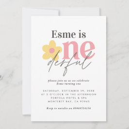 Första födelsedag daisy boho retro rosa gult girly inbjudningar