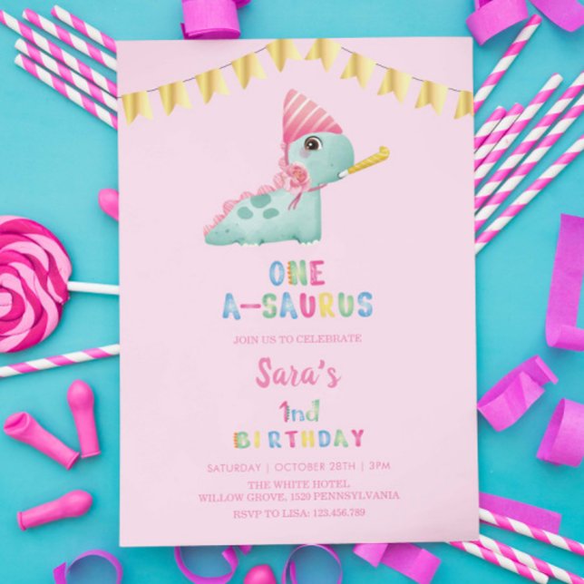 Första födelsedag Dinosaur Guld Party, Rosa Inbjudningar (Skapare uppladdad)