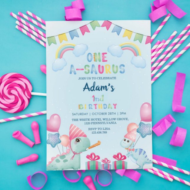 Första födelsedag: dinosaurier och regnbåge, ljusb inbjudningar (Skapare uppladdad)