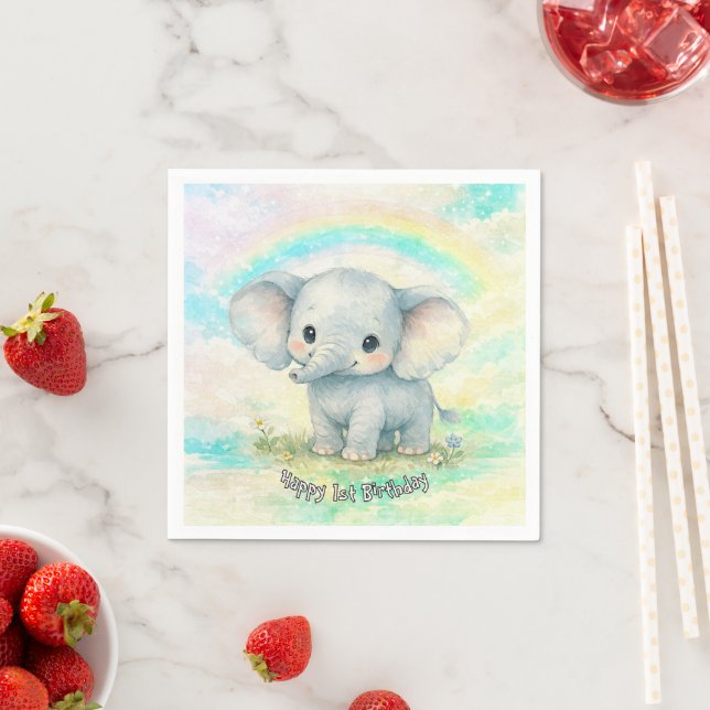 Första födelsedag Elefant Regnbåge Neutral Pastell Pappersservett (Insitu)