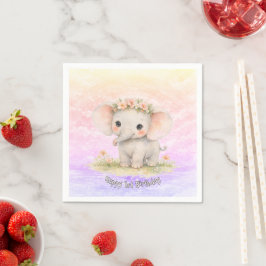 Första födelsedag Elefant Regnbåge Rosa Pastell Po Pappersservett