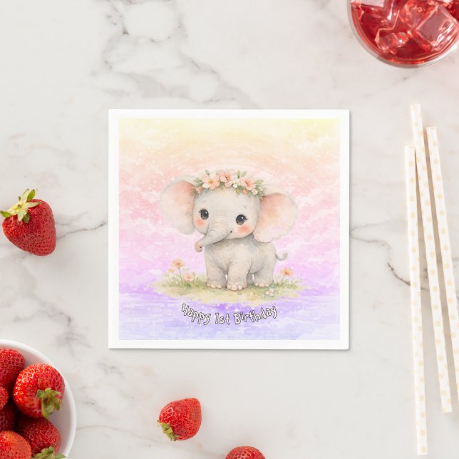Första födelsedag Elefant Regnbåge Rosa Pastell Po Pappersservett (Insitu)