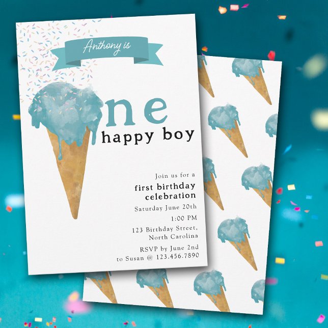 Första födelsedag En Lycklig-pojke, blått isgrädda Inbjudningar (1st First Birthday One Happy Boy Blue Ice Cream Invitation)