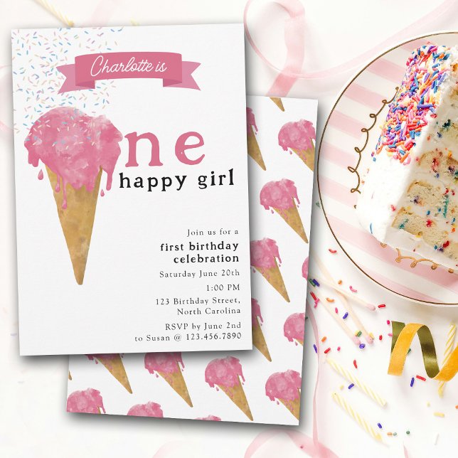 Första födelsedag En Rosa för flickor i Lycklig Ic Inbjudningar (1st First Birthday One Happy Girl Pink Ice Cream Invitation)
