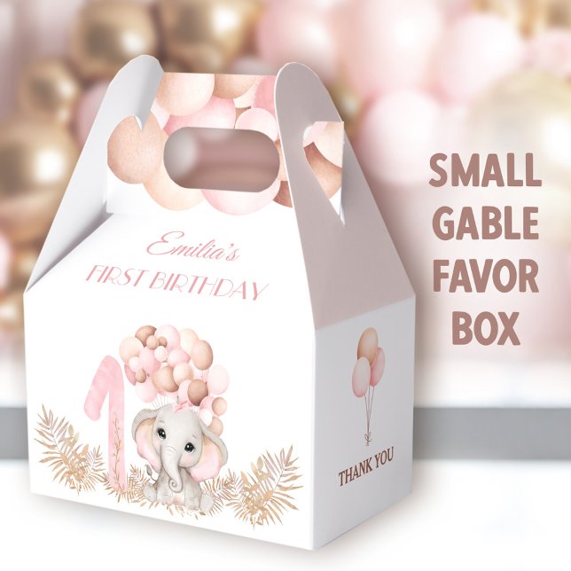 Första födelsedag Flicka Elephant Rosa Balloons Sm Presentaskar (Pink Elephant Small Gable Favor Boxes - You can choose from 3 sizes of these gable favor boxes)
