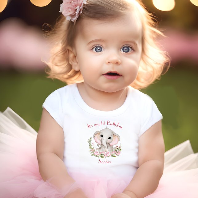 Första födelsedag Flicka Elephant Rosa Personlig N T Shirt (First Birthday Girl Elephant Pink Personalized Baby T-Shirt)