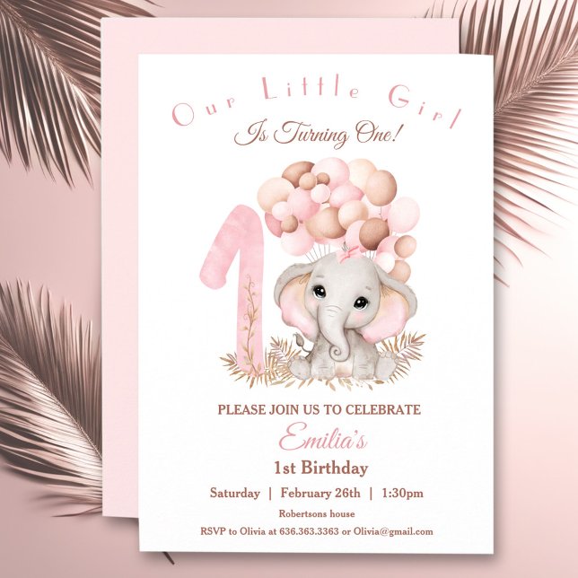 Första födelsedag Flickcute Elephant Rosa Inbjudningar (First Birthday Girl Cute Elephant Pink Invitation)