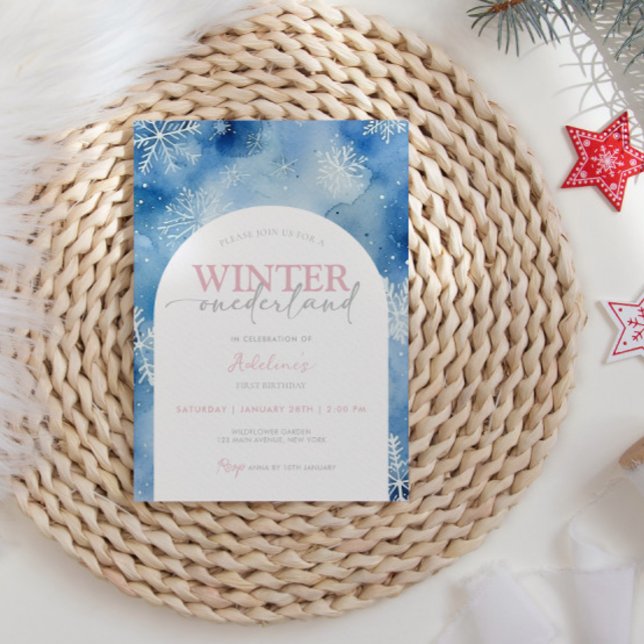 Första födelsedag Flickvinter Onederland Party Snö Inbjudningar (Winter 1st Birthday Girl Template Editable Cute Watercolor Snowflake Winter ONEderland inivte girl)