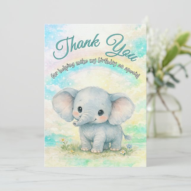 Första födelsedag för elefant regnbåge baby elefan tack kort (Stående Fram)