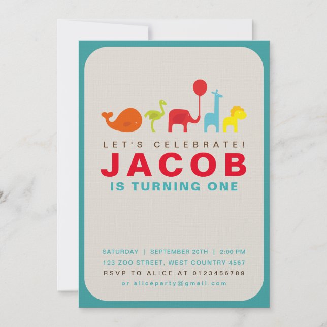 Första födelsedag för färglöst leksak-djur inbjudningar (Framsida)