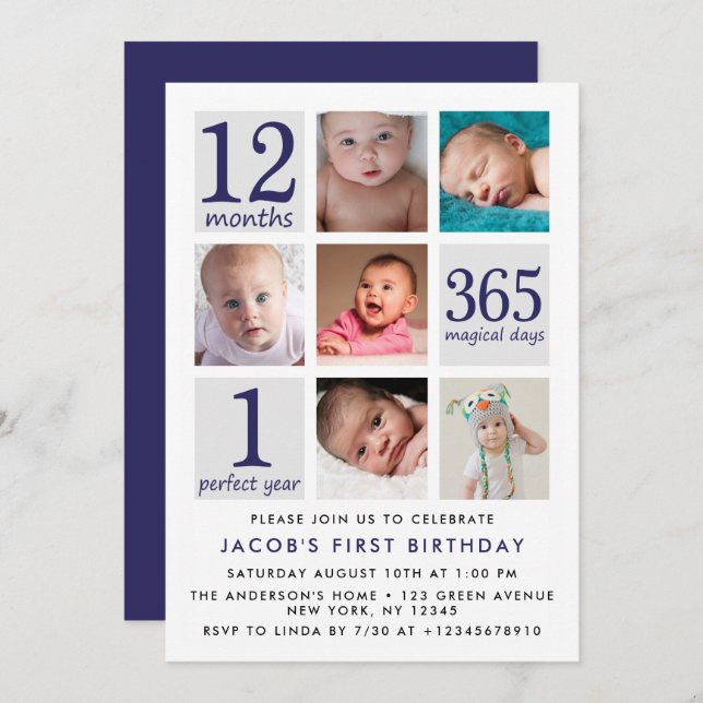 Första födelsedag för modern marinblå fotoCollage Inbjudningar (Fram/baksida)