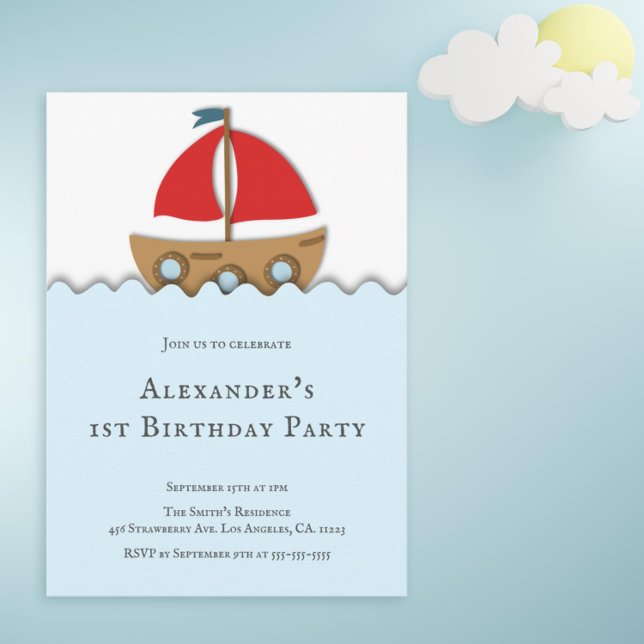 Första födelsedag för Modern Nautisk segelbåt Inbjudningar (Cute first birthday party invitation with a boat illustration)