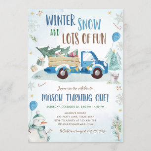 Första födelsedag för Winter Blue Lastbil Roligt S Inbjudningar