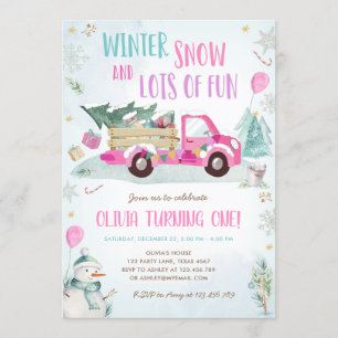 Första födelsedag för Winter Rosa Lastbil Snö Roli Inbjudningar