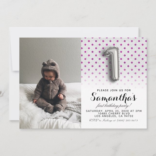 Första födelsedag Glitter Porträtt Inbjudningar (Framsida)