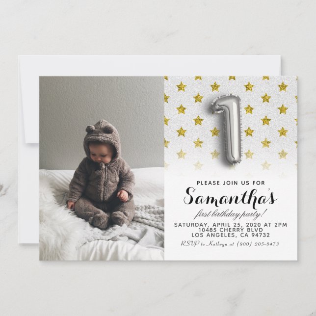 Första födelsedag Glitter Porträtt Inbjudningar (Framsida)