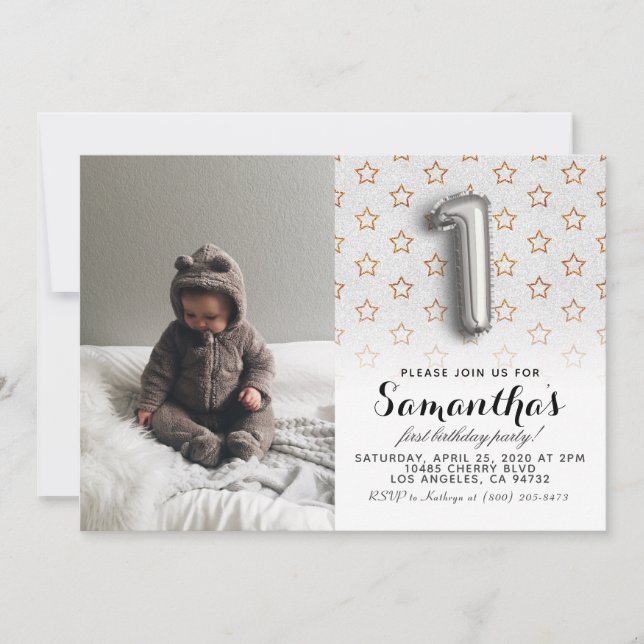 Första födelsedag Glitter Porträtt Inbjudningar (Framsida)