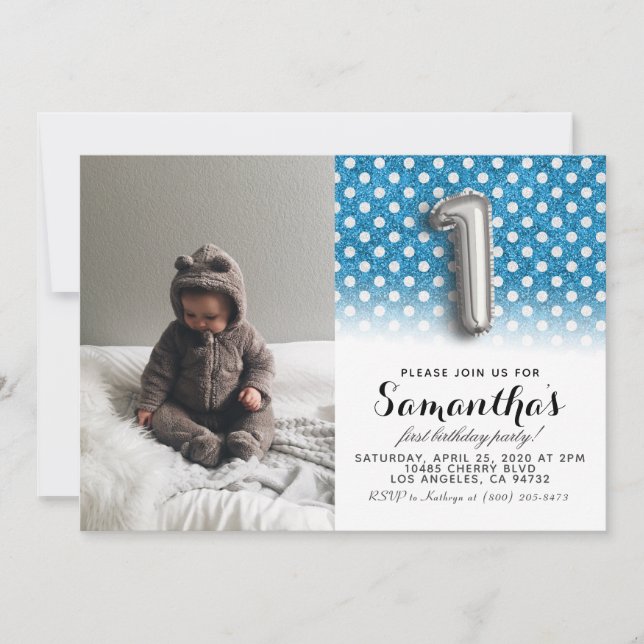 Första födelsedag Glitter Porträtt Inbjudningar (Framsida)